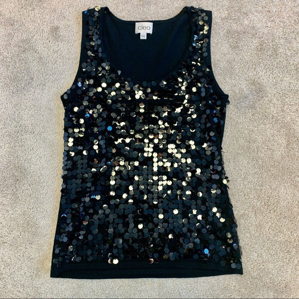 Cleo Black shiny sparkly sequin stretchy knit tank top evening blouse size M - Picture 7 of 11